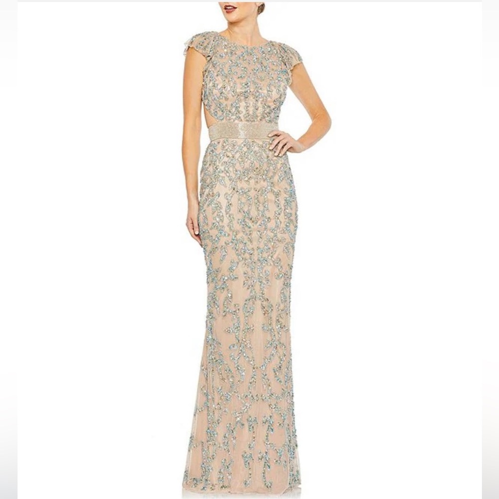 Embellished Sequin Crew Neck Cut Out Lace Up Open Back Detail Cap Sleeve Gown